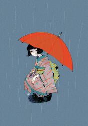 Rule 34 | 1girl, asagiwa ico, black hair, highres, japanese clothes, kimono, original, rain, short hair, solo, squatting, umbrella