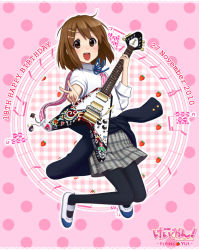 Rule 34 | 1girl, brown eyes, brown hair, electric guitar, gibson, gibson flying v, guitar, hirasawa yui, instrument, jumping, k-on!, md5 mismatch, moffun, one-piece swimsuit, pantyhose, plaid, plaid skirt, resolution mismatch, school swimsuit, short hair, skirt, solo, source larger, swimsuit