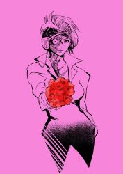 Rule 34 | 1girl, alternate costume, bouquet, casual, collarbone, contemporary, cowboy shot, flower, highres, holding, holding bouquet, jugemt, lips, looking at viewer, mukuro (yu yu hakusho), scar, scar on chest, scar on face, short hair, solo, yuu yuu hakusho