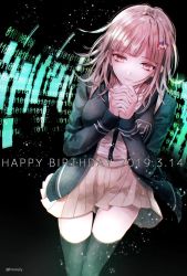 Rule 34 | 1girl, @ (symbol), artist name, black thighhighs, breasts, commentary request, danganronpa (series), danganronpa 2: goodbye despair, dark, dated, flipped hair, green jacket, hair ornament, hairclip, happy birthday, jacket, large breasts, messy hair, nanami chiaki, own hands together, pink hair, pleated skirt, sakuyu, shirt, skirt, solo, standing, thighhighs, twitter username, white shirt