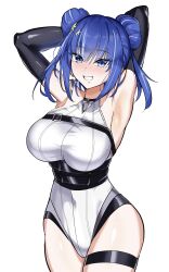 Rule 34 | 1girl, armpits, blue eyes, blue hair, breasts, chest belt, cowboy shot, double bun, duel monster, evil twin lil-la, hair bun, highres, large breasts, leg belt, lil-la (yu-gi-oh!), looking at viewer, official alternate costume, short hair, smile, synchroman, white background, yu-gi-oh!