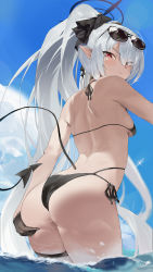 Rule 34 | 1girl, absurdres, alternate hairstyle, ass, ass grab, back, bikini, black bikini, black ribbon, blue archive, blue sky, breasts, closed mouth, cloud, commentary, day, demon tail, from behind, from below, glaring, grabbing own ass, grey hair, hair ribbon, halo, halterneck, highres, iori (blue archive), iori (swimsuit) (blue archive), long hair, looking at viewer, looking back, multi-strapped bikini bottom, outdoors, pointy ears, ponytail, red eyes, revision, ribbon, sadan1317, side-tie bikini bottom, sky, small breasts, solo, sunglasses, swimsuit, symbol-only commentary, tail, thigh strap, thighs, v-shaped eyebrows, very long hair, wading, water