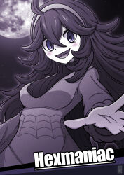 Rule 34 | 1girl, :d, absurdres, ahoge, blush, breasts, character name, commentary request, creatures (company), dress, game freak, hair between eyes, hairband, hakusai (user nkkd7242), hex maniac (pokemon), highres, long sleeves, looking down, medium breasts, moon, night, nintendo, open mouth, outdoors, pokemon, pokemon xy, purple eyes, sky, smile, solo, spread fingers, tongue