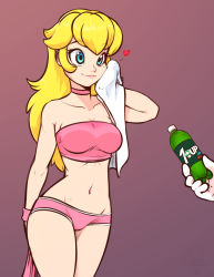 Rule 34 | 1girl, 7up, absurdres, alternate costume, bare arms, bare legs, bare shoulders, blonde hair, blue eyes, bottle, breasts, choker, closed mouth, collarbone, gradient background, hand up, heart, highres, legs, lips, lipstick, long hair, makeup, mario (series), medium breasts, midriff, navel, neck, nintendo, panties, pink choker, pink lips, pink panties, pink shirt, pink shorts, princess peach, scorpdk, shirt, short shorts, shorts, smile, solo focus, standing, strapless, super mario bros. 1, towel, tube top, underwear