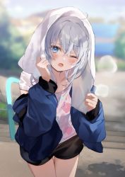 Rule 34 | 1girl, ;o, ahoge, aqua eyes, black shorts, blue jacket, blurry, blush, breasts, collarbone, cowboy shot, crossed bangs, day, depth of field, grey hair, highres, holding, holding towel, horizon, jacket, kanda done, long hair, long sleeves, looking at viewer, one eye closed, open mouth, original, outdoors, pink shirt, railing, shirt, short shorts, shorts, small breasts, solo, stairs, standing, steam, sweat, towel, towel on head, tree
