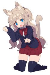 Rule 34 | 1girl, animal ear fluff, animal ears, black jacket, black thighhighs, blue eyes, blush, clenched hand, collared shirt, fang, full body, hajime (hajime-ill-1st), highres, jacket, kneeling, leaning forward, light brown hair, long hair, long sleeves, looking at viewer, open mouth, original, paw pose, pleated skirt, red neckwear, red ribbon, red skirt, ribbon, shirt, simple background, skirt, solo, sweatdrop, tail, thighhighs, thighs, trembling, two side up, very long hair, wavy hair, white background, white shirt