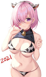Rule 34 | 1girl, 2021, alternate costume, animal ears, animal print, bare shoulders, bell, bikini, blush, breasts, cleavage, collar, cow ears, cow horns, cow print, fate/grand order, fate (series), hair over one eye, hairband, harimoji, horns, large breasts, light purple hair, looking at viewer, mash kyrielight, navel, neck bell, purple eyes, short hair, simple background, smile, solo, swimsuit, white background, white bikini