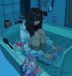 Rule 34 | 1girl, artist name, barefoot, bathtub, black hair, can, computer, derivative work, figure, hair brush, hair over eyes, hood, hoodie, knees up, laptop, long hair, nissin cup noodle, original, partially submerged, photo-referenced, solo, teethmeat, water, white hoodie