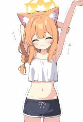 Rule 34 | 1girl, absurdres, animal ear fluff, animal ears, arm up, armpits, auto ins, black shorts, blue archive, blush, braid, closed eyes, collarbone, commentary, cowboy shot, dolphin shorts, dot nose, flat chest, hair between eyes, halo, highres, light brown hair, long hair, mari (blue archive), navel, shirt, shorts, sidelocks, smile, solo, stomach, stretching, tank top, thighs, trembling, white background, white shirt, yellow halo