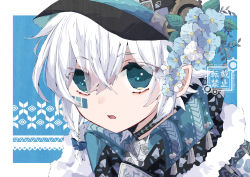 Rule 34 | 1boy, androgynous, bloomminority, blue background, blue eyes, fantasy, flower, hair flower, hair ornament, hair ribbon, hat, highres, looking at viewer, multicolored background, open mouth, original, pointy ears, ribbon, short hair, solo, trap, white background, white hair