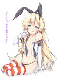 Rule 34 | 10s, 1girl, :q, arm support, blonde hair, blue eyes, blush, elbow gloves, gloves, hair ribbon, kantai collection, long hair, looking at viewer, naughty face, navel, off shoulder, open mouth, personification, ribbon, shadow, shimakaze (kancolle), shirt, sitting, smile, solo, striped clothes, striped thighhighs, thighhighs, tongue, tongue out, translation request, very long hair, white background, white gloves, yukinon, yukinon (tsuki koubou)
