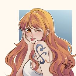 Rule 34 | 1girl, anyumii136, arm tattoo, blue background, commentary, eyelashes, hand on own cheek, hand on own face, highres, long hair, looking back, nami (one piece), one eye closed, one piece, orange eyes, orange hair, profile, shirt, sidelocks, signature, tattoo, tongue, tongue out, upper body, white shirt