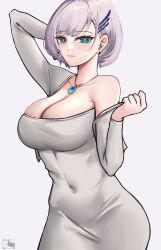 Rule 34 | 1girl, absurdres, alternate costume, blush, breasts, bright pupils, cleavage, collarbone, covered navel, cropped jacket, dongtan dress, dress, dynorz, earrings, grey dress, grey jacket, highres, hololive, hololive indonesia, jacket, jewelry, large breasts, looking at viewer, meme attire, pavolia reine, purple hair, short hair, simple background, single bare shoulder, solo, strapless, strapless dress, taut clothes, taut dress, virtual youtuber, white background, white pupils