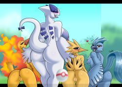 Rule 34 | 4girls, anus, articuno, artist name, ass, beak, blue background, blush, breasts, brown eyes, cleft of venus, closed eyes, creatures (company), drako1997, female focus, fire, from behind, furry, furry female, game freak, gameplay mechanics, gen 1 pokemon, gen 2 pokemon, green background, grey eyes, half-closed eyes, hand on own ass, hand on own hip, heart, highres, huge breasts, legendary pokemon, legs apart, licking lips, looking at viewer, looking back, lugia, medium breasts, moltres, multiple girls, nintendo, nipples, one eye closed, open mouth, outdoors, personification, poke ball, pokemon, pokemon (creature), pokemon go, pokemon gsc, pokemon rgby, pussy, red eyes, shiny skin, sideboob, signature, simple background, size difference, sky, smile, spoken heart, standing, tail, text focus, thigh gap, tongue, tongue out, tree, uncensored, wings, wink, zapdos