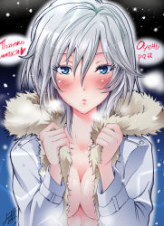 Rule 34 | 10s, 1girl, anastasia (idolmaster), blue eyes, blush, breasts, breath, cleavage, coat, eyelashes, fur trim, gradient background, heart, idolmaster, idolmaster cinderella girls, jacket, looking at viewer, naked coat, night, open clothes, outdoors, parted lips, russian text, short hair, signature, silver hair, snow, solo, spoken heart, text focus, translated, upper body, yokoyama naoki
