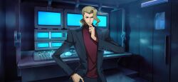 Rule 34 | 1boy, artist request, backlighting, black jacket, black pants, blonde hair, blue eyes, buttons, closed mouth, code geass, code geass: lost stories, diethard ried, door, forehead, game cg, hand in pocket, hand on own chin, hand up, happy, highres, indoors, jacket, long sleeves, male focus, medium hair, monitor, non-web source, official art, open clothes, open jacket, pants, phone, pocket, red shirt, shirt, smile, solo, standing, stroking own chin, turtleneck shirt, upper body, v-shaped eyebrows