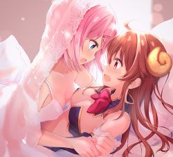 Rule 34 | 2girls, ahoge, amedamacon, asymmetrical docking, bare shoulders, bed sheet, blue eyes, blush, bow, breast press, breasts, brown hair, chiyoda momo, cleavage, collarbone, commentary request, couple, cuddling, demon horns, downblouse, dress, eye contact, fang, girl on top, hair ornament, hairclip, highres, holding another&#039;s wrist, horns, long hair, looking at another, lying, machikado mazoku, medium breasts, multiple girls, on back, open mouth, pillow, pink hair, profile, red bow, red eyes, revealing clothes, see-through, sleeveless, sleeveless dress, small breasts, strap slip, sweat, tears, veil, white dress, yoshida yuuko (machikado mazoku), yuri