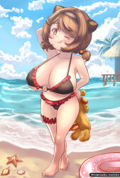 Rule 34 | 1girl, arm behind head, barefoot, beach, bikini, bra, breasts, brown eyes, brown hair, draph, eyebrows, eyebrows hidden by hair, full body, granblue fantasy, hand on own hip, highres, large breasts, looking at viewer, lyresweet, one eye closed, panties, sand, short hair, smile, solo, swimsuit, tongue, tongue out, underwear, wink, yaia (granblue fantasy)