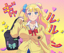 Rule 34 | 10s, 1girl, bag, bag charm, blonde hair, blue eyes, breasts, cardigan, charm (object), earrings, female focus, galko, hair ornament, hair scrunchie, heart, huge breasts, jewelry, long hair, looking at viewer, makeup, nail polish, non-web source, one side up, oshiete! galko-chan, over shoulder, school bag, school uniform, screencap, scrunchie, solo, star (symbol), stitched, third-party edit, upper body
