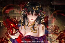 Rule 34 | 1girl, absurdres, bare shoulders, bei lulu gan butaihao, black hair, chi lian (qin shi ming yue), closed mouth, dress, fangs, flower, glowing, glowing eyes, highres, long hair, looking at viewer, off-shoulder dress, off shoulder, open mouth, qinshi mingyue, red dress, red nails, second-party source, smile, snake, solo, spider lily, windowsill