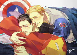 Rule 34 | 2boys, animification, avengers (series), bed, black hair, black shirt, blonde hair, blue eyes, blue jacket, blush, captain america, closed mouth, commentary, english commentary, facial hair, fingernails, grey shirt, half-closed eyes, iron man, jacket, long sleeves, looking at another, lying, lying on person, male focus, marvel, minihardee, multiple boys, on stomach, shield, shirt, short hair, signature, simple background, smile, star (symbol), steve rogers, striped, t-shirt, teeth, tony stark, white background, yaoi, yellow eyes