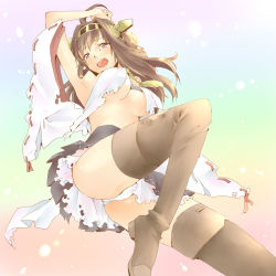 Rule 34 | 10s, 1girl, bare shoulders, boots, brown hair, crying, crying with eyes open, detached sleeves, hair ornament, hairband, headgear, japanese clothes, kantai collection, kongou (kancolle), long hair, lying, namerakaweb, nontraditional miko, panties, pantyshot, personification, pleated skirt, skirt, solo, tears, thigh boots, thighhighs, torn clothes, underwear, zettai ryouiki