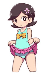 Rule 34 | 10s, 1girl, black eyes, brown hair, casual one-piece swimsuit, clothes lift, cowboy shot, cropped legs, flower, frown, hair flower, hair ornament, hayashi satoko, lowres, nollety, one-piece swimsuit, short hair, simple background, skirt, skirt lift, solo, swimsuit, white background, youkai watch