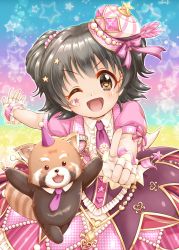 Rule 34 | 1girl, ;d, akagi miria, animal, black hair, brown eyes, center frills, collared shirt, commentary request, fingerless gloves, frilled skirt, frills, gloves, hair between eyes, hair ornament, hat, highres, idolmaster, idolmaster cinderella girls, idolmaster cinderella girls starlight stage, index finger raised, jacket, looking at viewer, one eye closed, open mouth, outstretched arm, pink jacket, puffy short sleeves, puffy sleeves, purple neckwear, purple skirt, regular mow, revision, shirt, short sleeves, skirt, smile, solo, star (symbol), star hair ornament, starry background, striped clothes, striped skirt, tilted headwear, two side up, v-shaped eyebrows, vertical-striped clothes, vertical-striped skirt, white gloves, white shirt, wrist cuffs