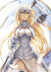 Rule 34 | 1girl, armor, armored dress, blonde hair, blue eyes, chain, fate/grand order, fate (series), faulds, feathers, flag, fur trim, gauntlets, halyou, headpiece, highres, holding, jeanne d&#039;arc (fate), jeanne d&#039;arc (ruler) (fate), jeanne d&#039;arc (third ascension) (fate), long hair, looking at viewer, plackart, smile, solo, thighhighs