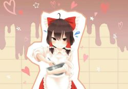 Rule 34 | 1girl, annoyed, apron, blush, bow, bowl, brown hair, chocolate, commentary, detached sleeves, flying sweatdrops, hair bow, hair tubes, hakurei reimu, heart, large bow, looking at viewer, mixing bowl, red eyes, reimu mikoro, skirt, solo, star (symbol), stirring, touhou, v-shaped eyebrows, valentine