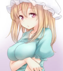 Rule 34 | 1girl, blonde hair, breast hold, breasts, hat, impossible clothes, impossible shirt, large breasts, long hair, looking at viewer, maribel hearn, neo-traditionalism of japan, purple eyes, shirt, solo, tori (minamopa), touhou