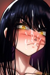 Rule 34 | 1girl, absurdres, annoyed, black hair, chainsaw man, collarbone, cum, cum on hair, facial, facial scar, female focus, hetero, highres, lips, long hair, looking at viewer, madaotheory, ringed eyes, scar, scar on cheek, scar on face, self-upload, simple background, solo, yellow eyes, yoru (chainsaw man)