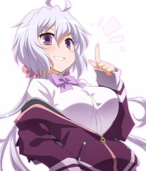 Rule 34 | 1girl, ^^^, ahoge, bow, breasts, collared shirt, color connection, commentary request, cosplay, gridman universe, grin, index finger raised, jacket, large breasts, light purple hair, long hair, long sleeves, looking at viewer, low twintails, off shoulder, purple bow, purple eyes, purple jacket, purple neckwear, school uniform, senki zesshou symphogear, shinjou akane, shinjou akane (cosplay), shiny skin, shirt, simple background, smile, solo, ssss.gridman, twintails, upper body, very long hair, white background, white shirt, yoshi tama, yukine chris