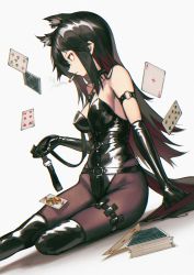 Rule 34 | 1girl, ace (playing card), ace of diamonds, alternate costume, animal ears, arknights, arm strap, arm support, black collar, black gloves, black hair, black leotard, black pantyhose, breasts, card, cigarette, collar, colored inner hair, commentary, diamond (shape), dutch angle, elbow gloves, english commentary, extra ears, feet out of frame, five of hearts, gloves, highres, holding, holding leash, jack (playing card), jack of diamonds, leash, leotard, long hair, medium breasts, mouth hold, multicolored hair, nine of spades, over-kneehighs, pantyhose, playing card, red eyes, red hair, seven of clubs, shadow, six of hearts, smoke, smoking, solo, strapless, strapless leotard, tail, texas (arknights), thighhighs, veilrain, white background, wolf ears, wolf tail