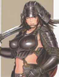 Rule 34 | 1girl, ;), armor, bikini armor, blush, breastplate, breasts, brown eyes, brown hair, chainmail, covered erect nipples, crop top, eyelashes, faulds, full armor, gloves, hand on own hip, helmet, hip focus, impossible clothes, japanese armor, kabuto (helmet), kote, large breasts, lips, lipstick, looking at viewer, makeup, midriff, naked armor, navel, one eye closed, original, pauldrons, profile, samurai, scan, short hair, shoulder armor, simple background, smile, solo, sword, tsukasa jun, upper body, weapon, wink