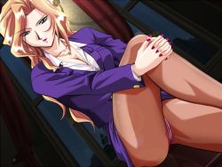 Rule 34 | 1girl, blonde hair, breasts, business suit, cleavage, crotch seam, formal, game cg, hugging own legs, long hair, medium breasts, mutou keiji, nail polish, panties, panties under pantyhose, pantyhose, pantyshot, pink nails, sanatorium (zyx), solo, suit, underwear, upskirt