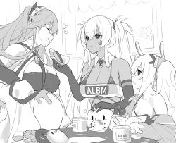 Rule 34 | 3girls, alabama (azur lane), anchorage (azur lane), animal ears, azur lane, bare shoulders, bikini, bikini under clothes, bird, black bikini, black gloves, blush, body markings, breasts, camisole, chick, cleavage, closed eyes, closed mouth, clothes writing, collarbone, commentary request, crossed bangs, cup, dark-skinned female, dark skin, detached collar, doughnut, eating, elbow gloves, facial mark, fake animal ears, food, food on face, gloves, greyscale, hair between eyes, hairband, headgear, headpat, heart, highres, holding, holding food, jacket, laffey (azur lane), large breasts, long hair, long sleeves, looking at another, manjuu (azur lane), midriff, monochrome, multiple girls, off shoulder, parted lips, piwka, rabbit ears, sidelocks, single bare shoulder, sitting, sleeves past fingers, sleeves past wrists, small breasts, smile, standing, strap slip, strapless, swimsuit, tube top, twintails, upper body, very long hair, very long sleeves, whisker markings, white camisole, white hair, white tube top