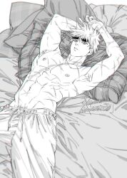 Rule 34 | 1boy, abs, bara, cowboy shot, dated, gojou satoru, greyscale, highres, jujutsu kaisen, lying, male focus, monochrome, muscular, muscular male, nipples, on back, pants, parted lips, pectorals, sashiyu, scar, scar on arm, scar on chest, scar on stomach, signature, solo, sunglasses, teeth, topless male, white hair