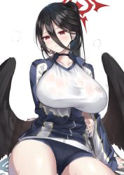 Rule 34 | 1girl, absurdres, black hair, blue archive, blush, breasts, choker, feathered wings, gym uniform, hair between eyes, halo, hasumi (blue archive), hasumi (track) (blue archive), highres, huge breasts, jacket, large wings, long hair, mole, mole under eye, mono (mo n mno), official alternate costume, ponytail, red eyes, shirt, simple background, solo, sportswear, thick thighs, thighs, very long hair, white background, white shirt, wings