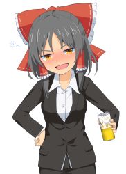 Rule 34 | 1girl, beer can, black hair, black jacket, black skirt, blazer, blush, bow, breasts, buttons, can, collared shirt, commentary request, cookie (touhou), cowboy shot, drink can, drunk, frilled bow, frilled hair tubes, frills, hair bow, hair tubes, hakurei reimu, highres, holding, holding can, jacket, konfu nodashino bubun, looking at viewer, medium breasts, medium hair, nose blush, office lady, open mouth, red bow, sananana (cookie), shirt, simple background, skirt, solo, squeans, touhou, white background, white shirt, yellow eyes