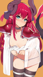 Rule 34 | &gt;:o, 10s, 1girl, :o, arched back, armor, bad id, bad pixiv id, black horns, black thighhighs, blue eyes, blurry, blurry background, blush, breasts, brown background, cape, choker, closed mouth, covering privates, covering breasts, curled horns, dragon girl, dragon horns, dragon tail, elizabeth bathory (brave) (fate), elizabeth bathory (fate), embarrassed, fate/extra, fate/extra ccc, fate/grand order, fate (series), female focus, grey choker, hair between eyes, horns, long hair, looking at viewer, nose blush, panties, pointy ears, red armor, red hair, ribbon, see-through, serious, shoulder armor, shy, sidelocks, simple background, slm, small breasts, solo, standing, sweat, tail, thighhighs, topless, type-moon, underwear, very long hair, wide hips