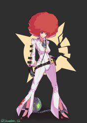 Rule 34 | 1girl, absurdres, afro, alternate hairstyle, ankh, ankh necklace, ball and chain restraint, bell-bottoms, belt, bodysuit, broken halo, buckle, spiked halo, green eyes, guilty gear, guilty gear strive, halo, highres, jack-o&#039; valentine, pants, red hair, solo, white bodysuit