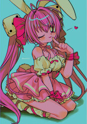 Rule 34 | 1girl, absurdres, animal ears, antenna hair, aqua background, arm between legs, artist name, back bow, bare shoulders, bow, bright pupils, collarbone, di gi charat, dice hair ornament, fake animal ears, frilled leg warmers, frilled shirt, frilled skirt, frilled sleeves, frills, full body, hair ornament, hair ribbon, heart, highres, layered skirt, long hair, looking at viewer, menma (enaic31), neck ribbon, off-shoulder shirt, off shoulder, one eye closed, parted lips, pink bow, pink footwear, pink ribbon, pink skirt, pointing, pointing at self, rabbit ears, rabbit tail, retro artstyle, ribbon, shadow, shirt, short sleeves, sitting, skirt, solo, tail, twintails, usada hikaru, white leg warmers, white pupils, white shirt, white tail
