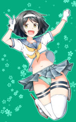 Rule 34 | 10s, 1girl, :d, black hair, breasts, floral background, gloves, green background, green panties, hairband, jumping, kantai collection, navel, neckerchief, open mouth, panties, pantyshot, pleated skirt, pointing, pointing up, sailor collar, school uniform, serafuku, short hair, simple background, skirt, smile, solo, tanikaze (kancolle), thighhighs, ude, underboob, underwear, yellow eyes