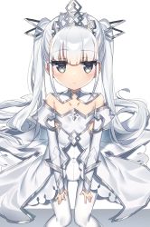 Rule 34 | 1girl, bare shoulders, blush, closed mouth, collarbone, commentary request, dress, feet out of frame, grey eyes, hair between eyes, highres, leotard, long hair, long sleeves, looking at viewer, original, silver hair, sitting, sleeves past wrists, solo, tiara, twintails, very long hair, wagashi928, white background, white dress, white leotard, white theme