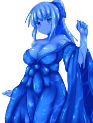 Rule 34 | 1girl, blue dress, blue eyes, blue hair, blue skin, blue theme, bow, breasts, cleavage, clenched hand, colored skin, dress, hair bow, hand up, monochrome, monster girl, original, ponytail, rethnick, sidelocks, simple background, slime girl, solo, standing, sura shrine maiden, white background, wide sleeves
