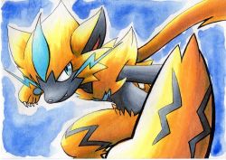Rule 34 | blue background, blue eyes, claws, closed mouth, commentary request, creatures (company), fang, fang out, furry, game freak, gen 7 pokemon, highres, legendary pokemon, looking to the side, mythical pokemon, nintendo, oka mochi, pokemon, pokemon (creature), smile, solo, traditional media, yellow fur, zeraora