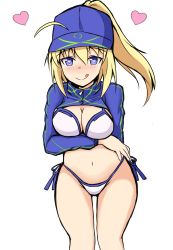 Rule 34 | +++, 1girl, :q, absurdres, ahoge, artoria pendragon (fate), bikini, blue eyes, blue hat, blue jacket, blush, breast hold, breasts, cleavage, closed mouth, commentary request, fate/grand order, fate (series), flat cap, groin, hair between eyes, hair through headwear, hat, heart, heart-shaped pupils, high ponytail, highres, jacket, long hair, long sleeves, looking at viewer, medium breasts, mitchi, mysterious heroine x (fate), mysterious heroine xx (fate), navel, nose blush, ponytail, shrug (clothing), side-tie bikini bottom, smile, solo, standing, swimsuit, symbol-shaped pupils, tongue, tongue out, white bikini