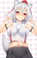 Rule 34 | 1girl, animal ear fluff, animal ears, arm strap, armband, bare arms, bare shoulders, black skirt, blush, breasts, commentary request, cowboy shot, crop top, groin, hair between eyes, hands up, hat, head tilt, index finger raised, inubashiri momiji, large breasts, leaf, leaf background, looking at viewer, midriff, navel, pointing, pointing at self, pom pom (clothes), red eyes, red hat, shirt, short hair, silver hair, skirt, sleeveless, sleeveless shirt, smile, solo, standing, stomach, tail, tassel, tatsumiya kagari, tokin hat, touhou, upper body, white background, white shirt, wolf ears, wolf girl, wolf tail