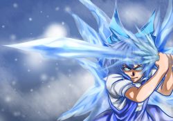 Rule 34 | 1girl, angry, blue eyes, blue hair, bow, cirno, crystal sword, hair bow, ice, ribbon, short hair, sword, embodiment of scarlet devil, tom (remisaku), touhou, weapon, wings